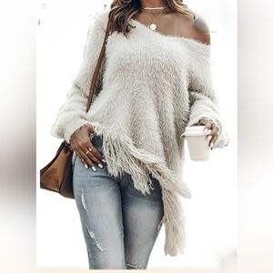 Cozy Off-Shoulder Fuzzy Fringe Sweater - Cream